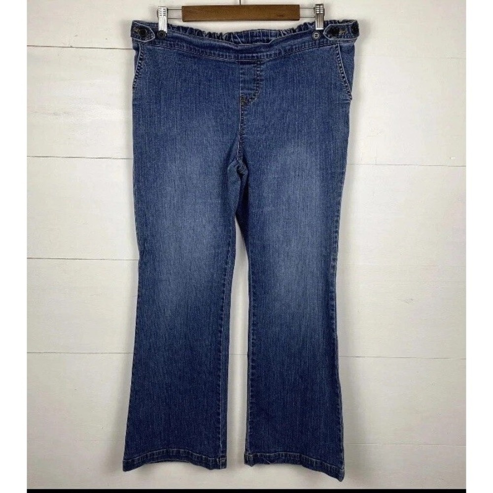 Duo Maternity Jeans Womens Petite L Medium Wash Flared Wide Hem Adjustable